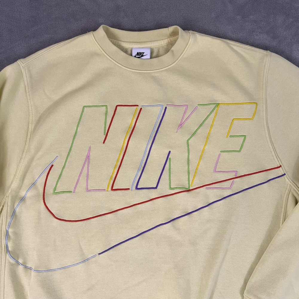 Nike Sweatshirt Mens Medium Yellow Multicolor Outline Logo Crewneck Pullover - Picture 2 of 8